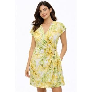 NWOT Tahari Yellow Green Leaf Print Linen Blend Wrap Dress Tunic Size S
